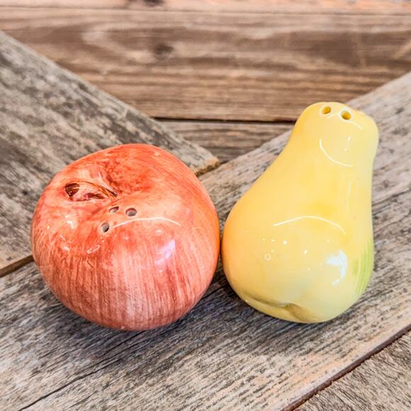 Charming Pair of Apple and Pear Salt and Pepper Shakers, Ceramic, 2” - Picture 1 of 5